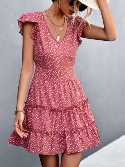 Sexy V-Neck Ruffled Polka Dot Dress