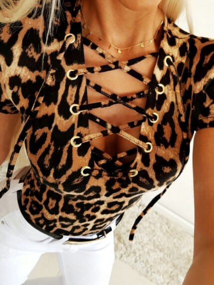 Sexy leopard print lace-up tight top