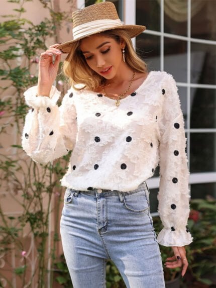 Sheer ruffle sleeve polka dot shirt