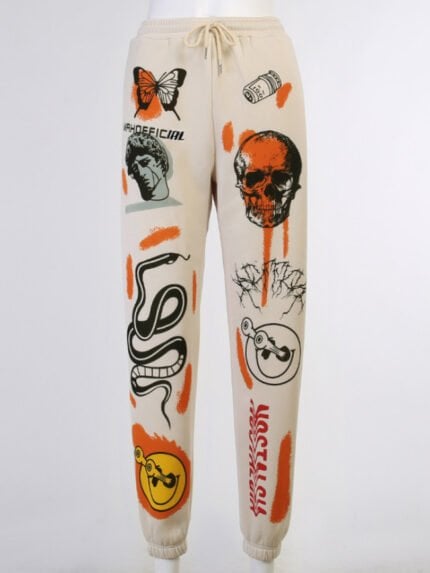 Skull Print Elastic Waist Fleece Pants