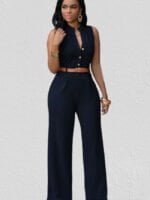 Wholesale Solid Button Sleeveless Belted Jumpsuit