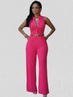 Wholesale Solid Button Sleeveless Belted Jumpsuit