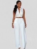 Wholesale Solid Button Sleeveless Belted Jumpsuit