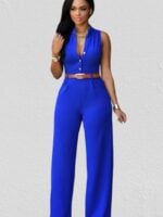 Wholesale Solid Button Sleeveless Belted Jumpsuit