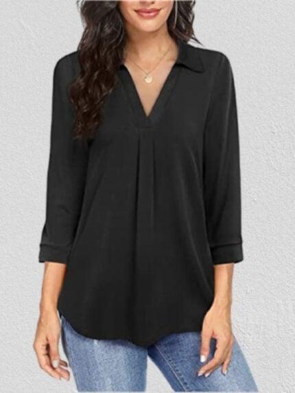 Solid Chiffon Pullover V-neck Shirt