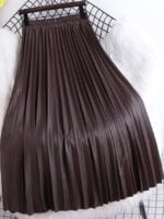 Solid Color Elastic Waist PU Pleated Skirt