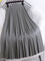 Solid Color Elastic Waist PU Pleated Skirt