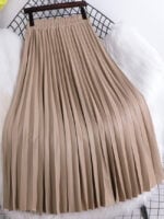 Solid Color Elastic Waist PU Pleated Skirt