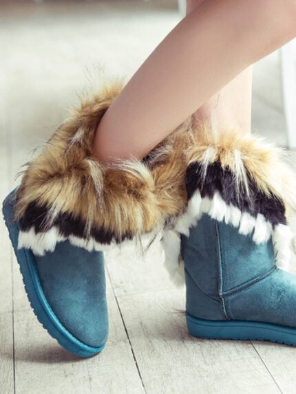 Solid Color Faux Fox Fur Snow Boots