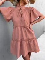 Solid Color Lace-up V-neck Lace Dress