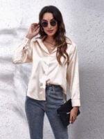 Solid Color Lapel Button Satin Shirt