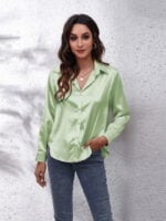 Solid Color Lapel Button Satin Shirt