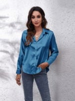 Solid Color Lapel Button Satin Shirt