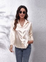 Solid Color Lapel Button Satin Shirt