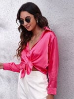 Solid Color Lapel Button Satin Shirt