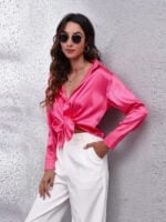 Solid Color Lapel Button Satin Shirt