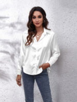 Solid Color Lapel Button Satin Shirt