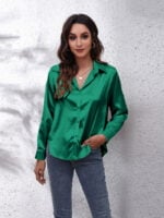 Solid Color Lapel Button Satin Shirt