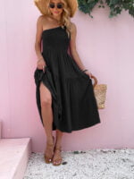 Wholesale Solid Color One Shoulder Casual Dress