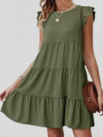 Wholesale Solid Color Pleated Short Sleeve Dress