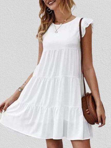 Wholesale Solid Color Pleated Short Sleeve Dress