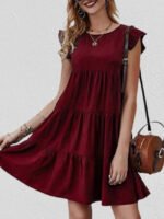 Wholesale Solid Color Pleated Short Sleeve Dress