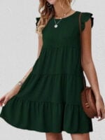 Wholesale Solid Color Pleated Short Sleeve Dress