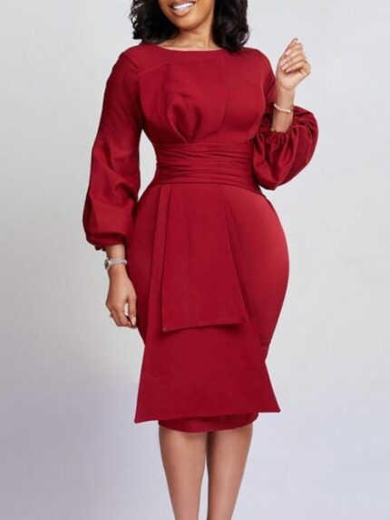 Solid Color Puff Sleeve Package Hip Dress