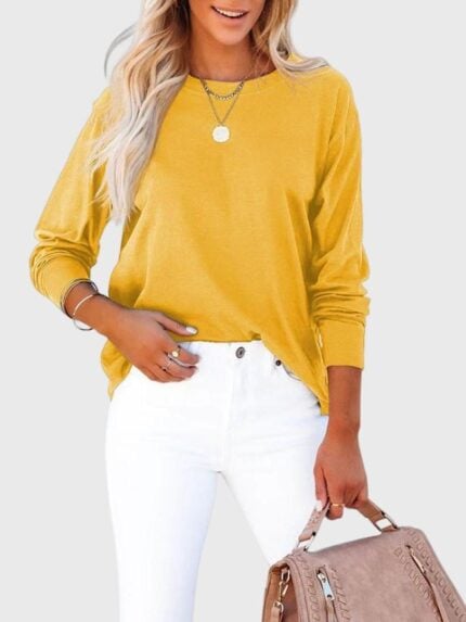 Solid Color Round Neck Long Sleeve T-Shirt