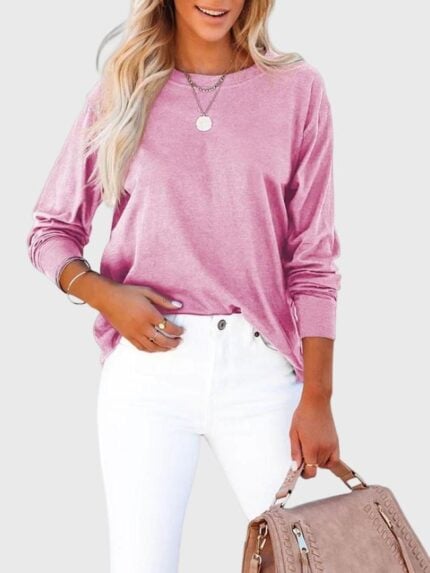 Solid Color Round Neck Long Sleeve T-Shirt