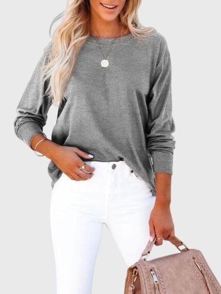 Solid Color Round Neck Long Sleeve T-Shirt