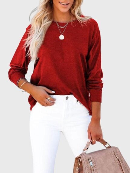 Solid Color Round Neck Long Sleeve T-Shirt