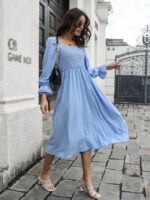 Solid Color Square Neck Ruffle Sleeve Dress