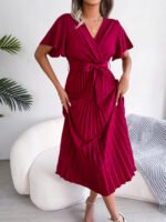 Solid Color V-Neck Tie Pleated Dress