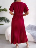 Solid Color V-Neck Tie Pleated Dress