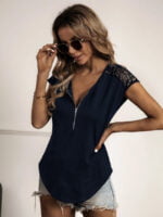 Wholesale Solid Color Zip Lace Panel Casual T-Shirt