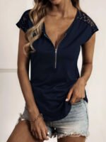 Wholesale Solid Color Zip Lace Panel Casual T-Shirt