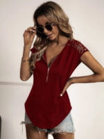 Wholesale Solid Color Zip Lace Panel Casual T-Shirt