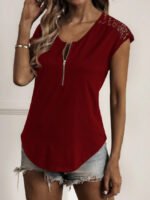 Wholesale Solid Color Zip Lace Panel Casual T-Shirt