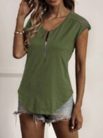 Wholesale Solid Color Zip Lace Panel Casual T-Shirt