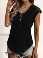 Wholesale Solid Color Zip Lace Panel Casual T-Shirt