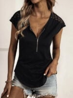 Wholesale Solid Color Zip Lace Panel Casual T-Shirt