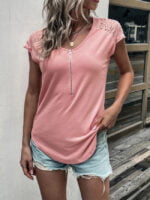 Wholesale Solid Color Zip Lace Panel Casual T-Shirt