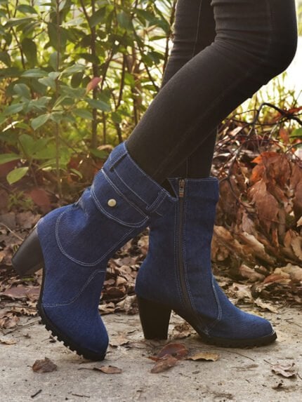 Solid Color Zip-Up Denim Boots