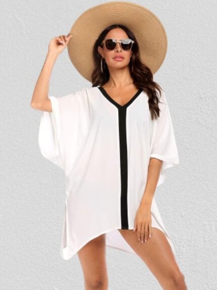 Solid Contrast Sheer Split Shirt Dress