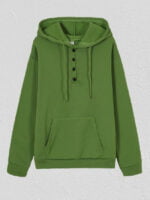 Solid Drawstring Buttoned Pockets Hooded Sweatshirt