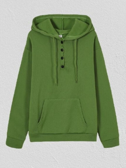 Solid Drawstring Buttoned Pockets Hooded Sweatshirt