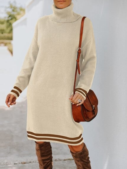 Solid High Neck Knit Sweater Dress