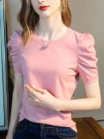 Wholesale Solid Pleated Puff Sleeve T-Shirt