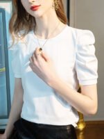 Wholesale Solid Pleated Puff Sleeve T-Shirt